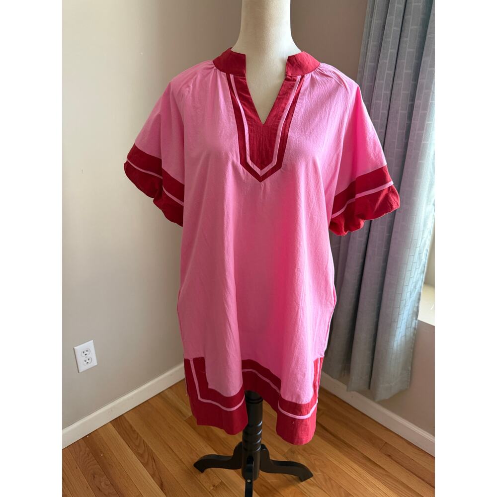 Pink & Red Colorblock Tunic Dress Bubble Sleeves Pockets Size Small Oversized